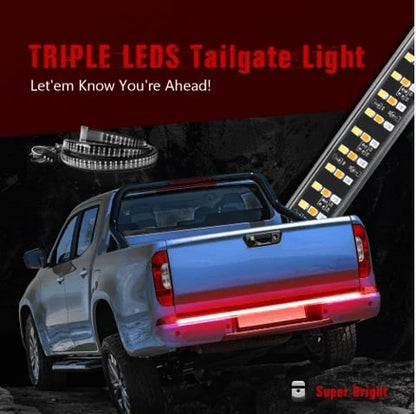 Truck tailgate LED light bar at night – enhanced visibility for winter driving safety